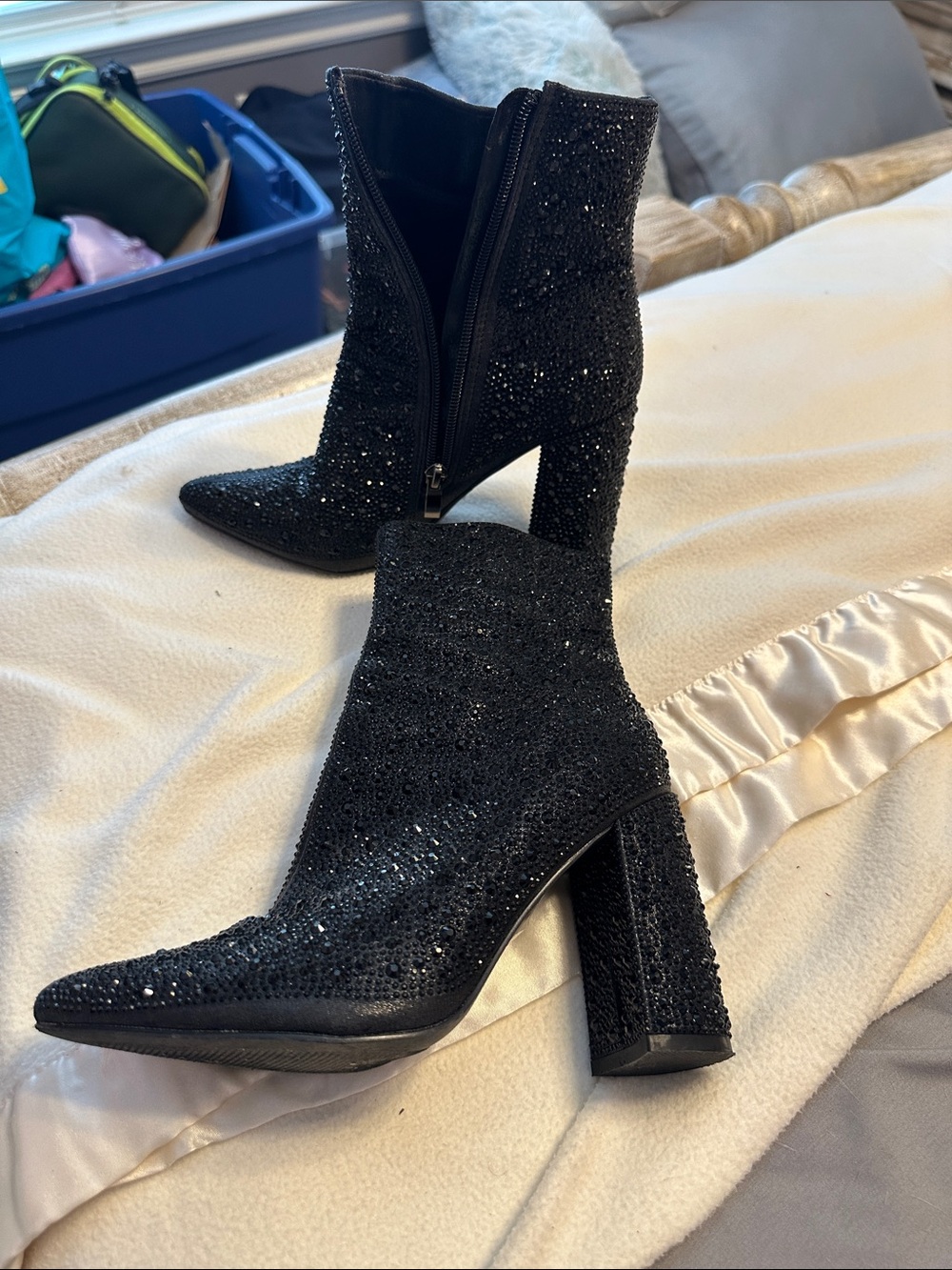 Lauren Lorraine Black Glitter Pointed Toe Block Heel Ankle Boots